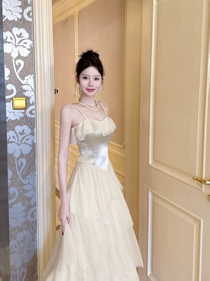 Light Champagne Chiffon Prom Dress Layered Formal Wedding Guest Dress  P605