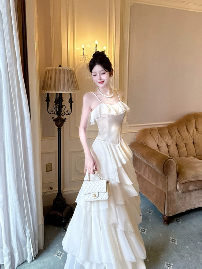 Light Champagne Chiffon Prom Dress Layered Formal Wedding Guest Dress  P605