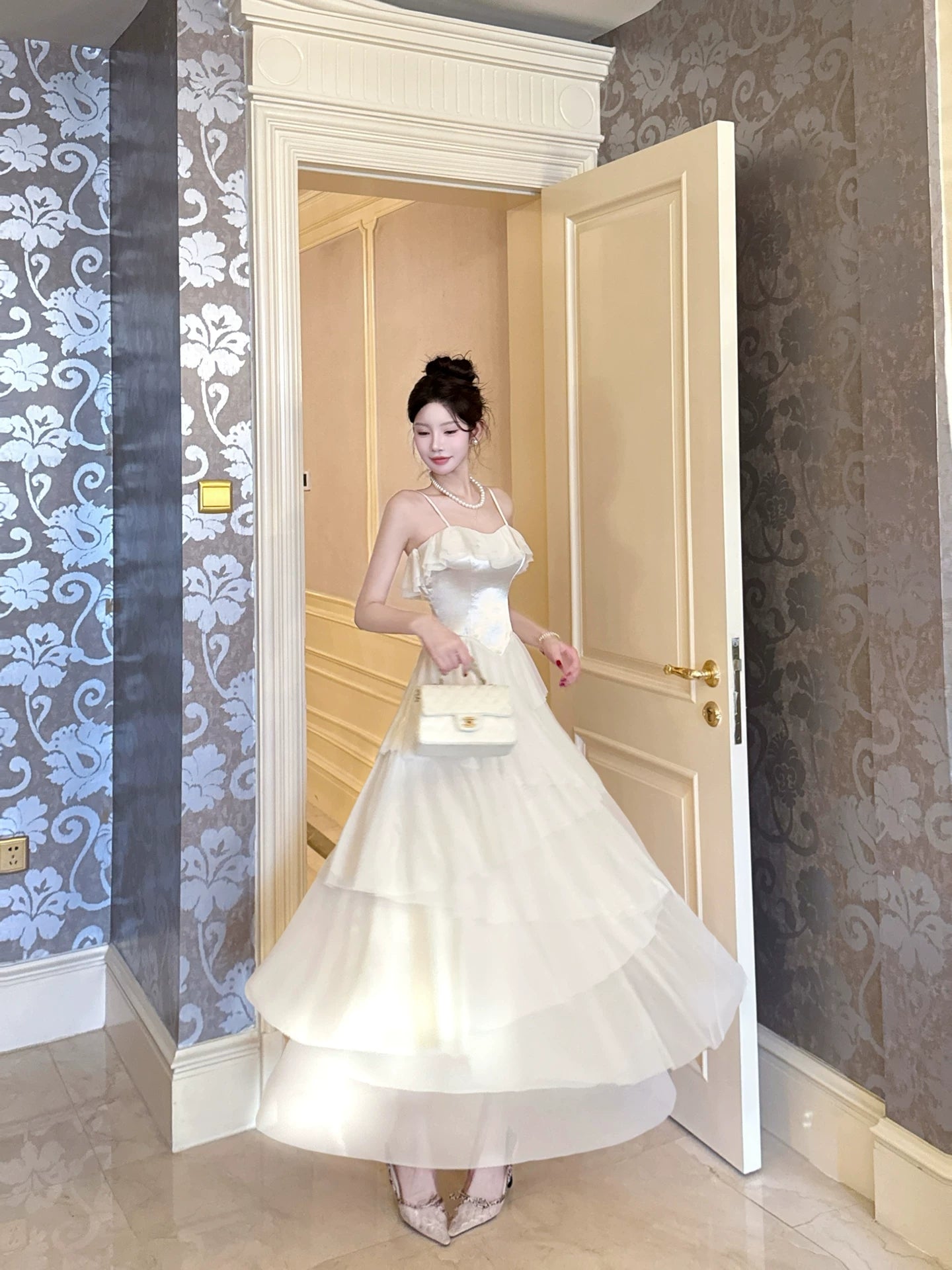 Light Champagne Chiffon Prom Dress Layered Formal Wedding Guest Dress  P605