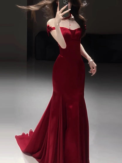 Off The Shoulder Red Satin Prom Dress Mermaid Evening Dress  P606