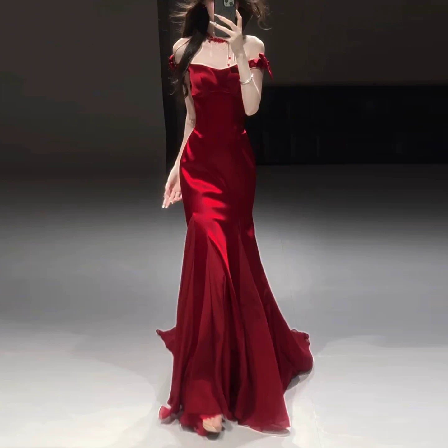 Off The Shoulder Red Satin Prom Dress Mermaid Evening Dress  P606