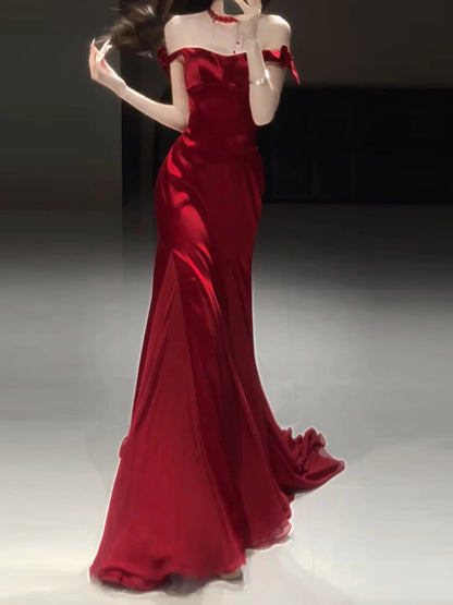 Off The Shoulder Red Satin Prom Dress Mermaid Evening Dress  P606