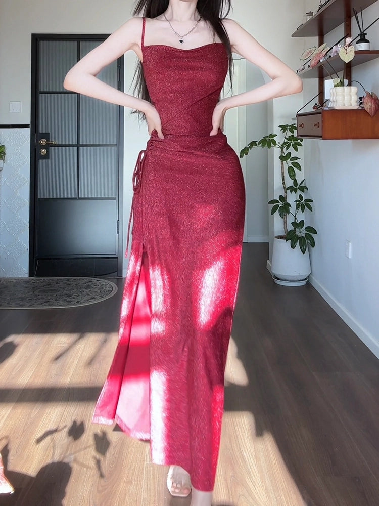 Spaghetti Straps Burgundy Prom Dress Sparkle Evening Dress  P607