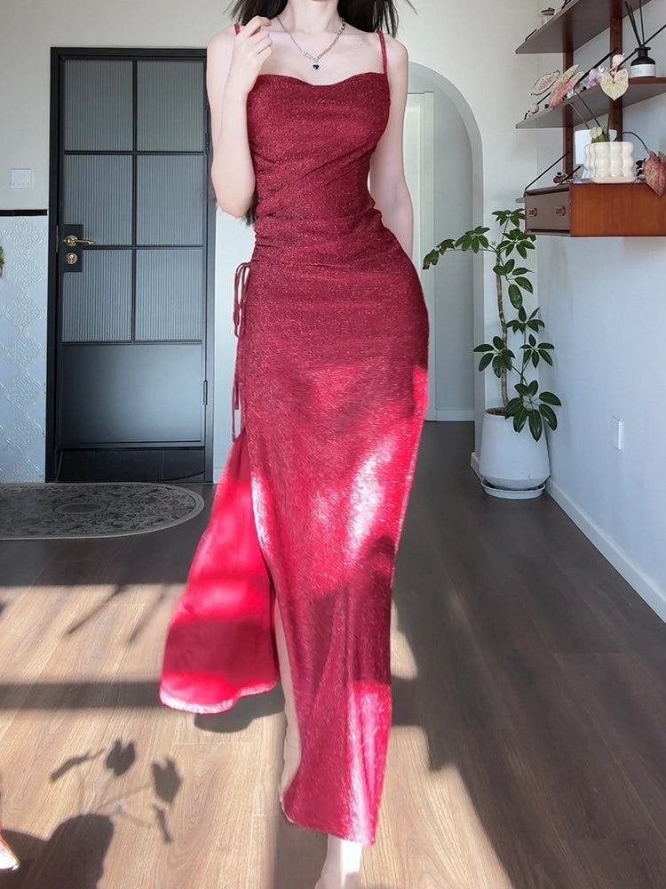 Spaghetti Straps Burgundy Prom Dress Sparkle Evening Dress  P607