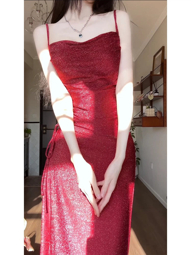 Spaghetti Straps Burgundy Prom Dress Sparkle Evening Dress  P607