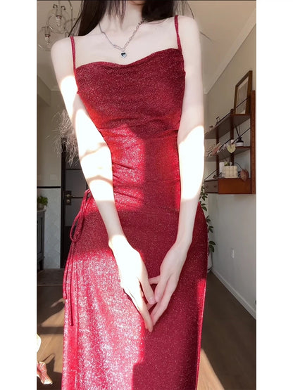 Spaghetti Straps Burgundy Prom Dress Sparkle Evening Dress  P607