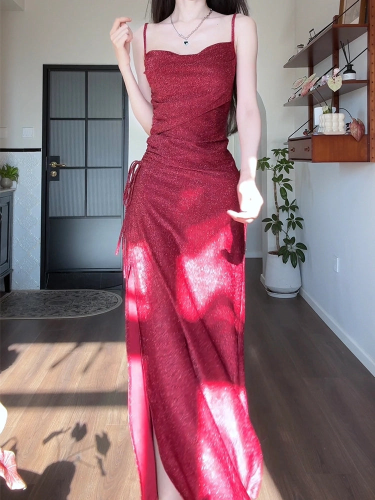 Spaghetti Straps Burgundy Prom Dress Sparkle Evening Dress  P607