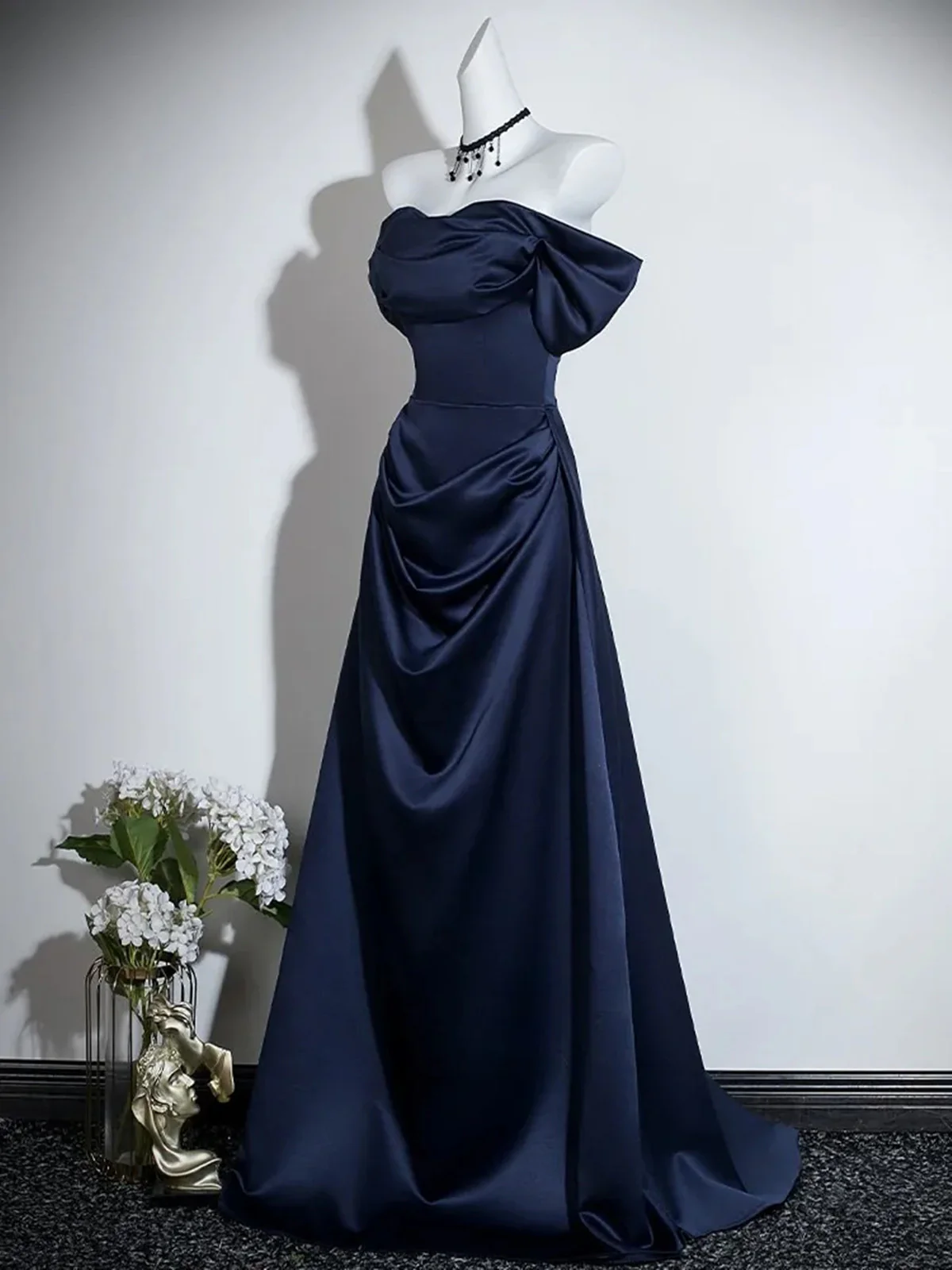 Navy Blue Satin Off Shoulder Long Prom Dress Formal Evening Dress  P608