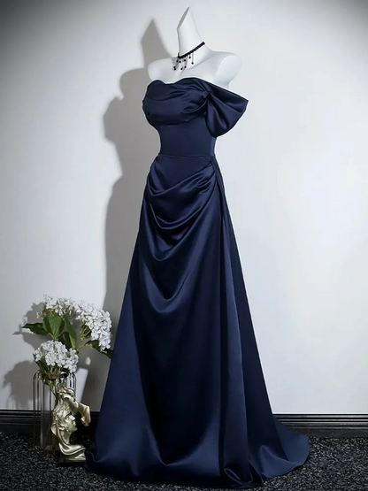 Navy Blue Satin Off Shoulder Long Prom Dress Formal Evening Dress  P608