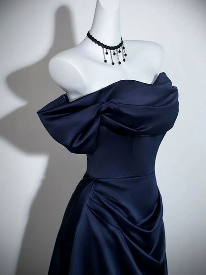 Navy Blue Satin Off Shoulder Long Prom Dress Formal Evening Dress  P608