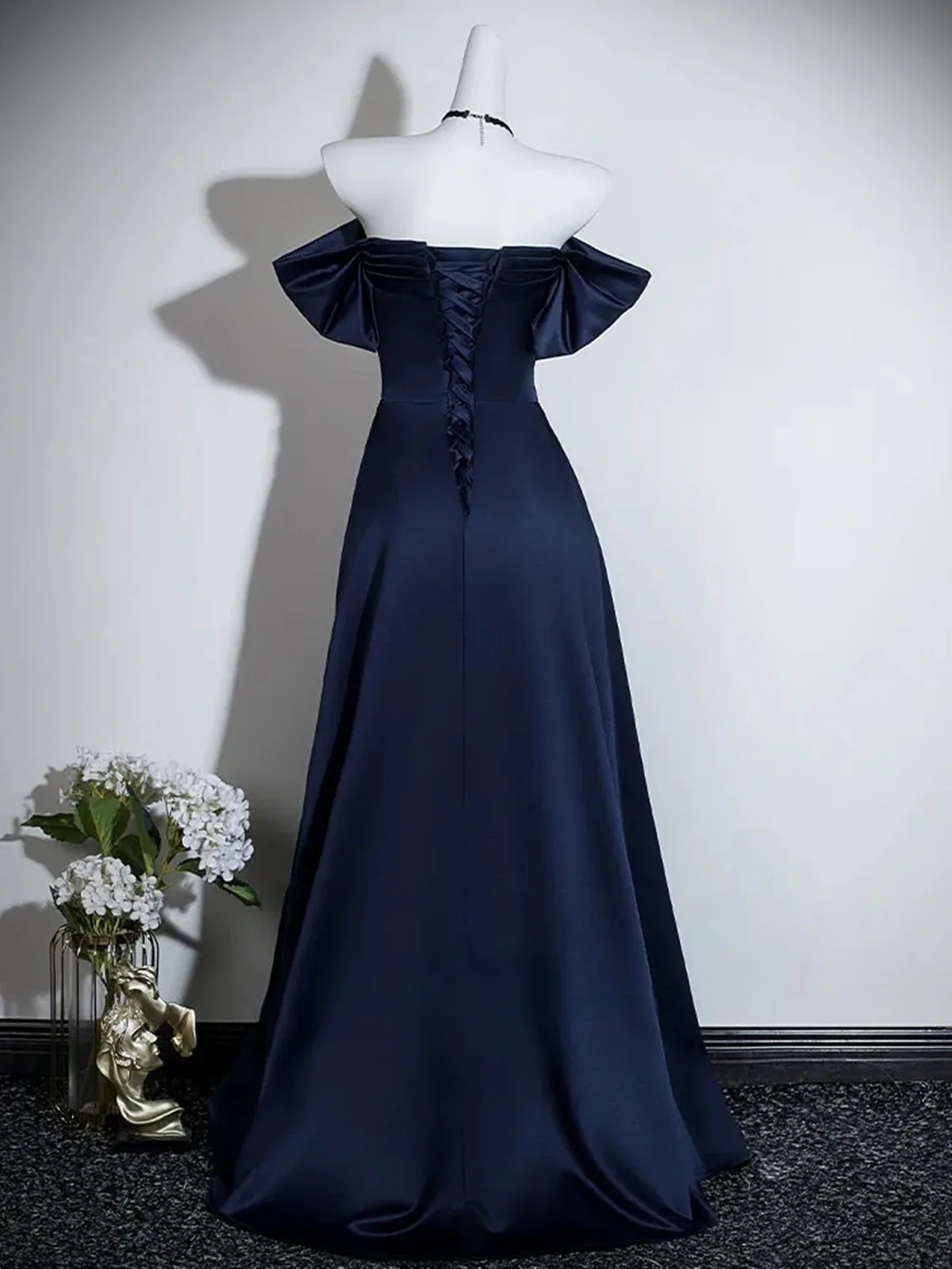 Navy Blue Satin Off Shoulder Long Prom Dress Formal Evening Dress  P608