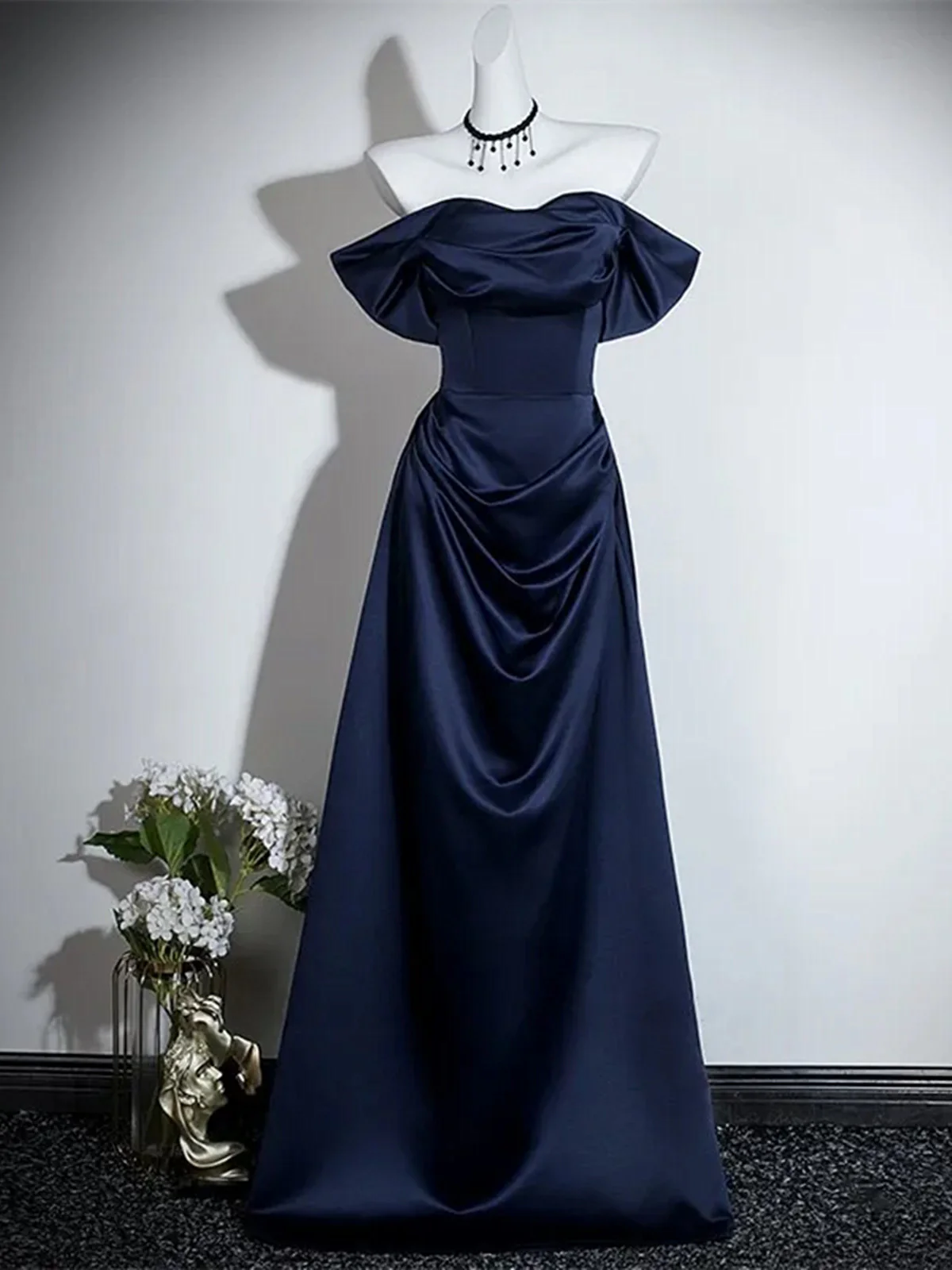 Navy Blue Satin Off Shoulder Long Prom Dress Formal Evening Dress  P608