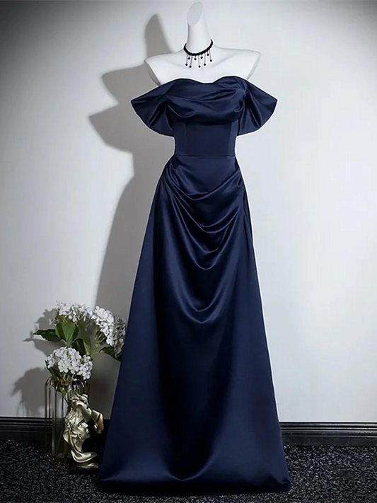 Navy Blue Satin Off Shoulder Long Prom Dress Formal Evening Dress  P608