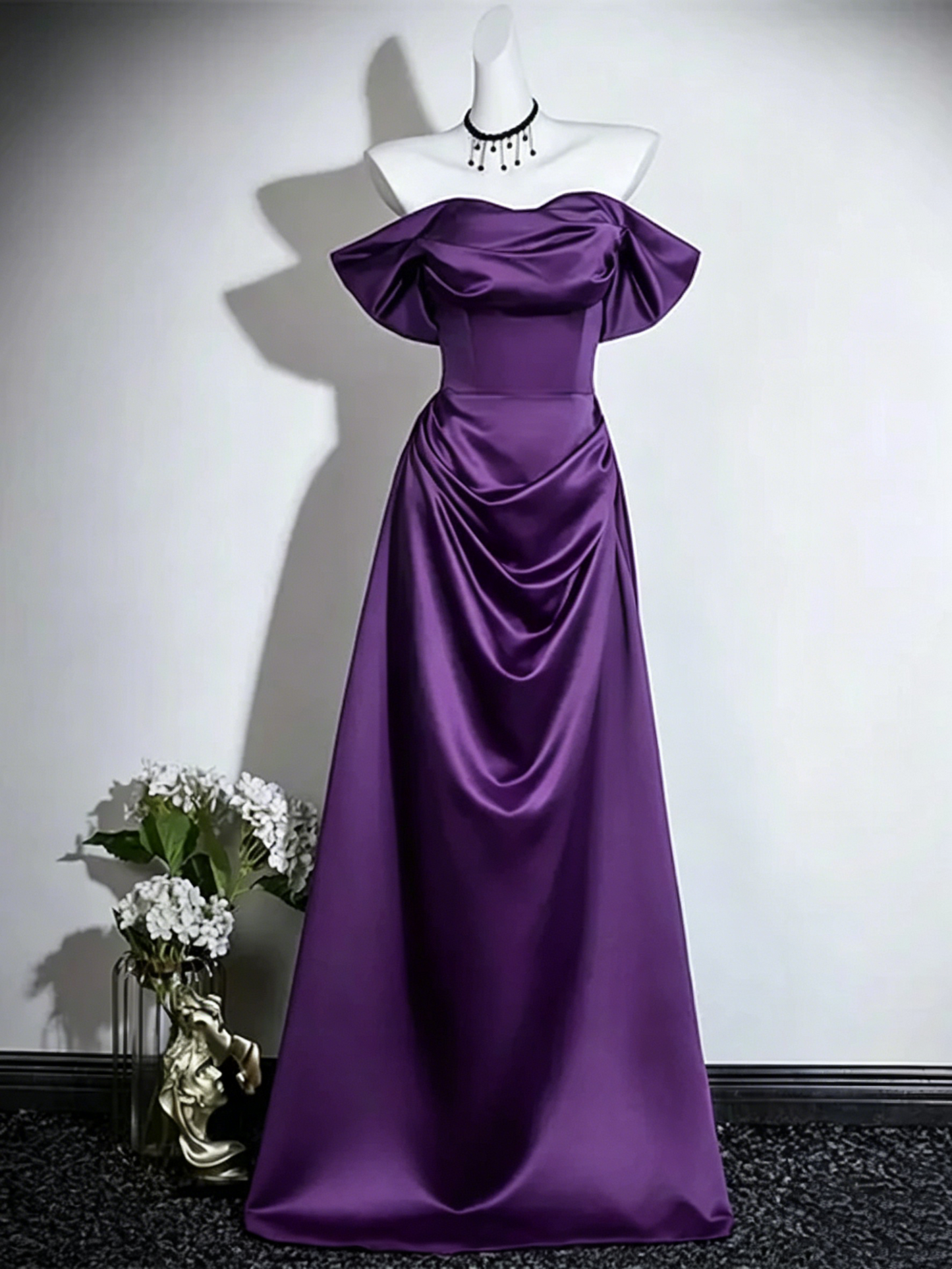 Navy Blue Satin Off Shoulder Long Prom Dress Formal Evening Dress  P608