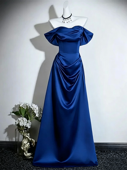 Navy Blue Satin Off Shoulder Long Prom Dress Formal Evening Dress  P608