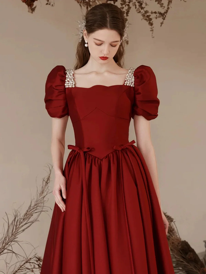 A Line Burgundy Prom Dress With Short Sleeves Pearls Beaded Evening Dress  P609