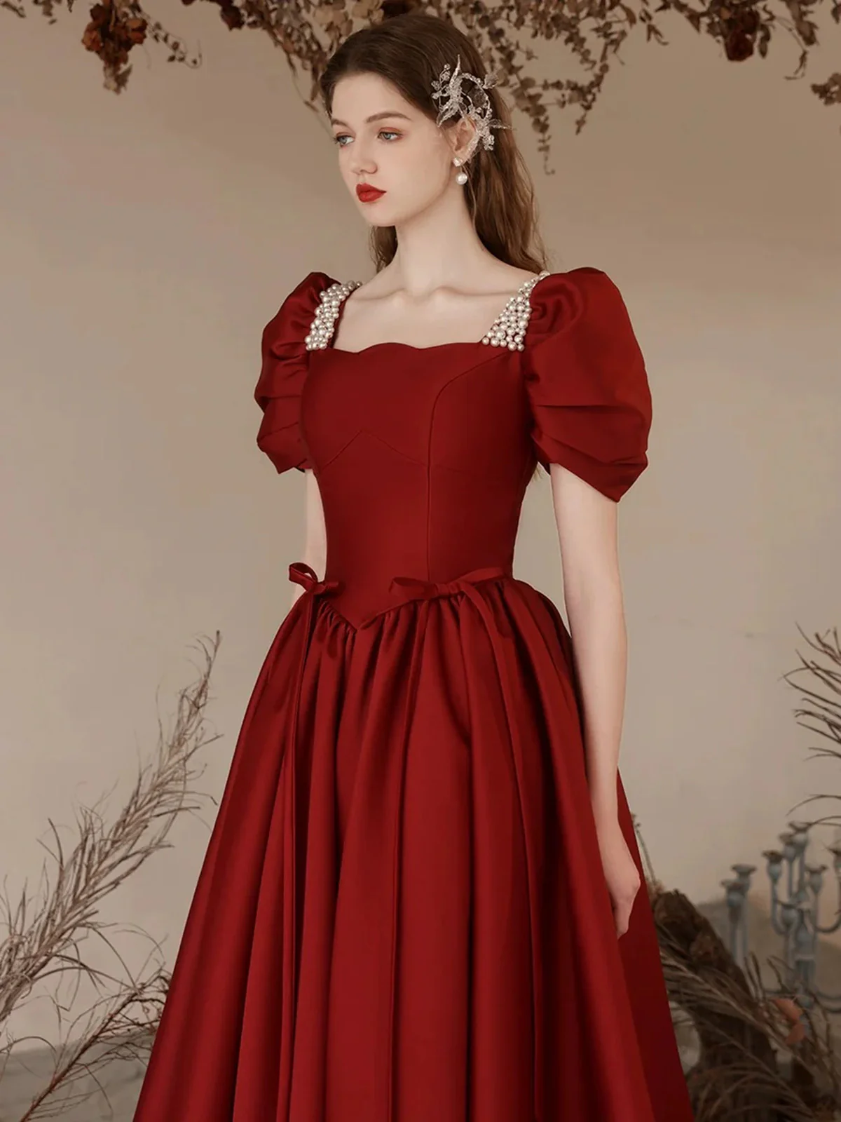 A Line Burgundy Prom Dress With Short Sleeves Pearls Beaded Evening Dress  P609