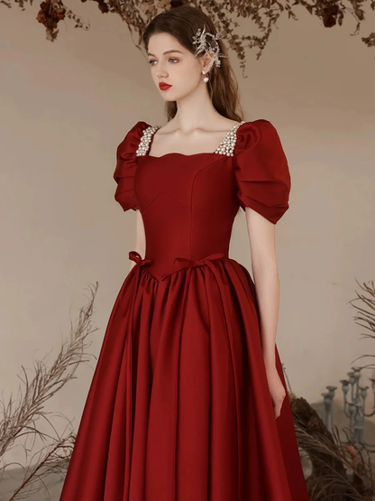 A Line Burgundy Prom Dress With Short Sleeves Pearls Beaded Evening Dress  P609