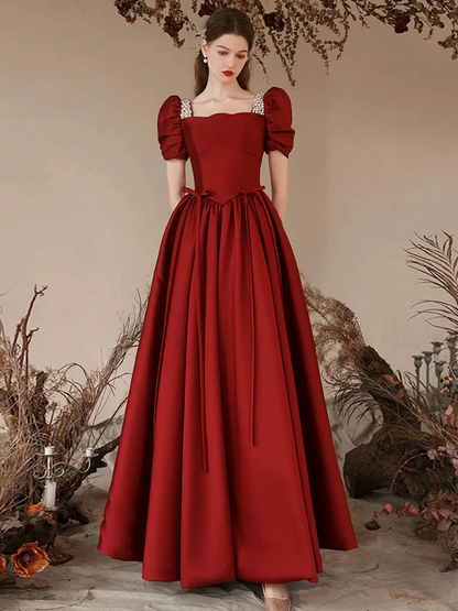 A Line Burgundy Prom Dress With Short Sleeves Pearls Beaded Evening Dress  P609