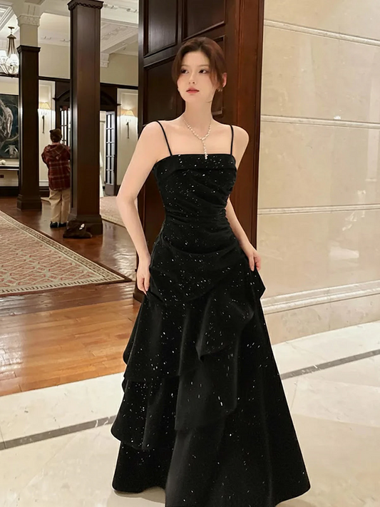 Spaghetti Strap Tiered Velvet Prom Gown Black Ruffle Long Party Dress  P610