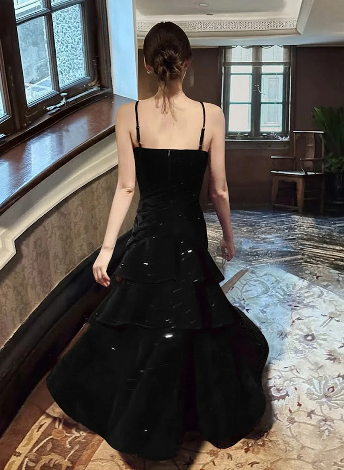 Spaghetti Strap Tiered Velvet Prom Gown Black Ruffle Long Party Dress  P610