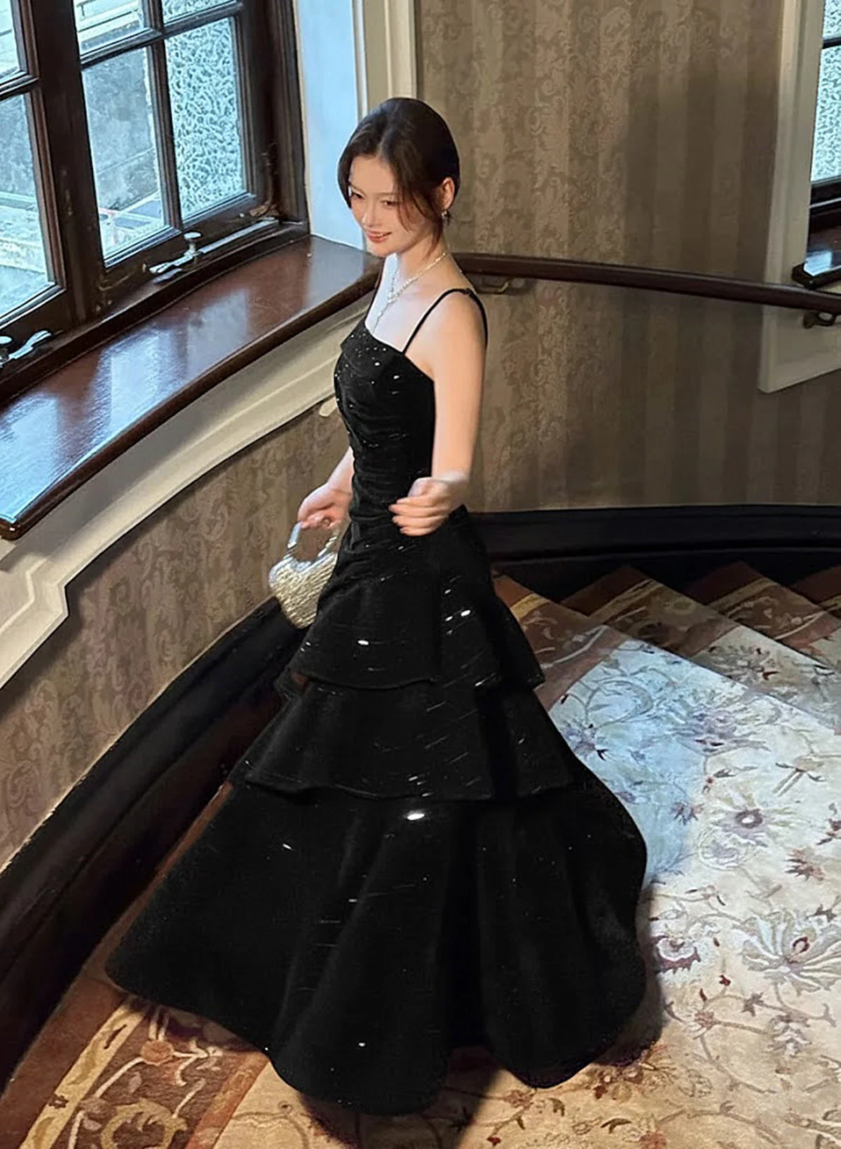 Spaghetti Strap Tiered Velvet Prom Gown Black Ruffle Long Party Dress  P610