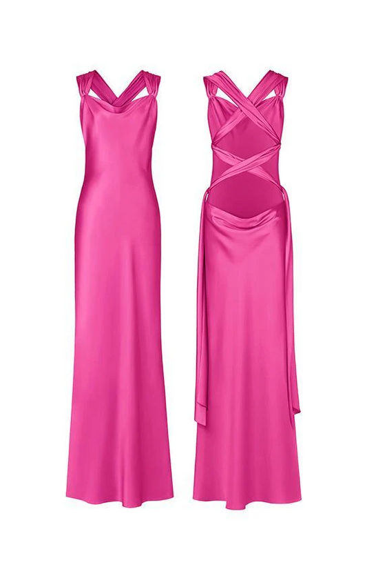 Hot Pink Backless Satin Long Prom Dress Wedding Guest Dress  P611