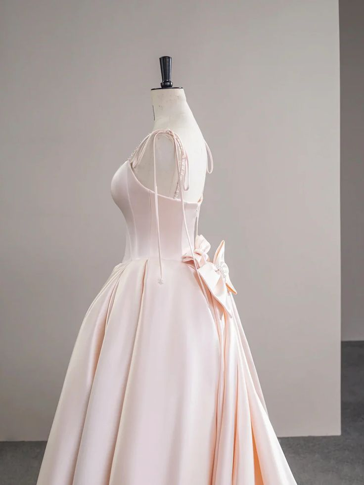 Baby Pink Satin Spaghetti Strap Long Prom Dress  P613
