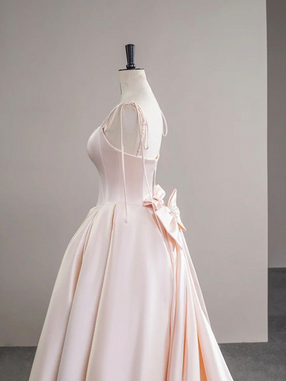 Baby Pink Satin Spaghetti Strap Long Prom Dress  P613