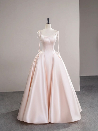 Baby Pink Satin Spaghetti Strap Long Prom Dress  P613