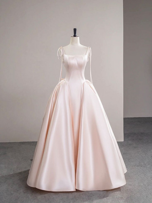 Baby Pink Satin Spaghetti Strap Long Prom Dress  P613