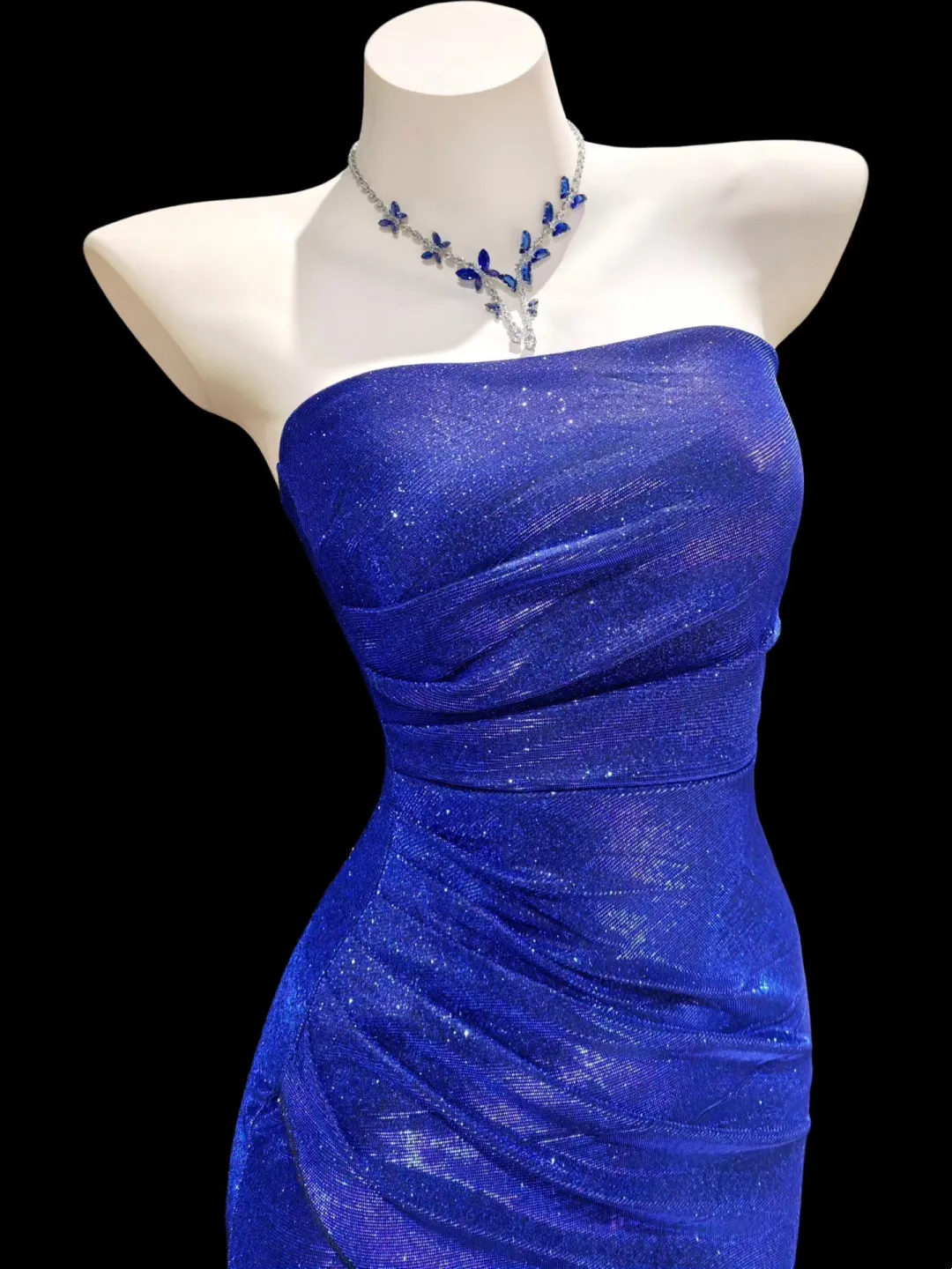 Strapless Royal Blue Sparkle Prom Dress With Slit  P615