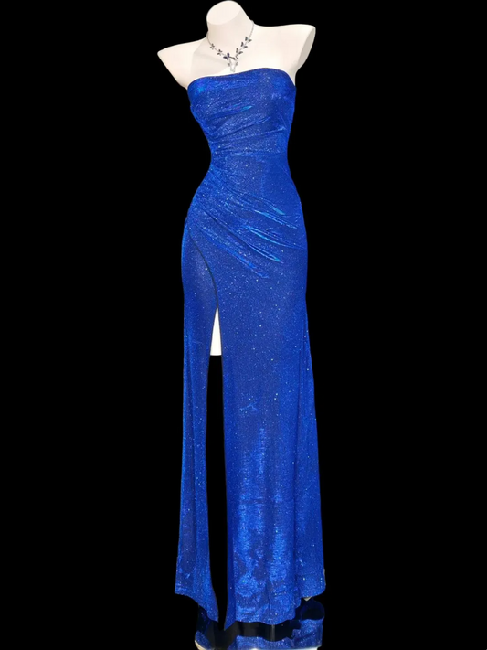 Strapless Royal Blue Sparkle Prom Dress With Slit  P615