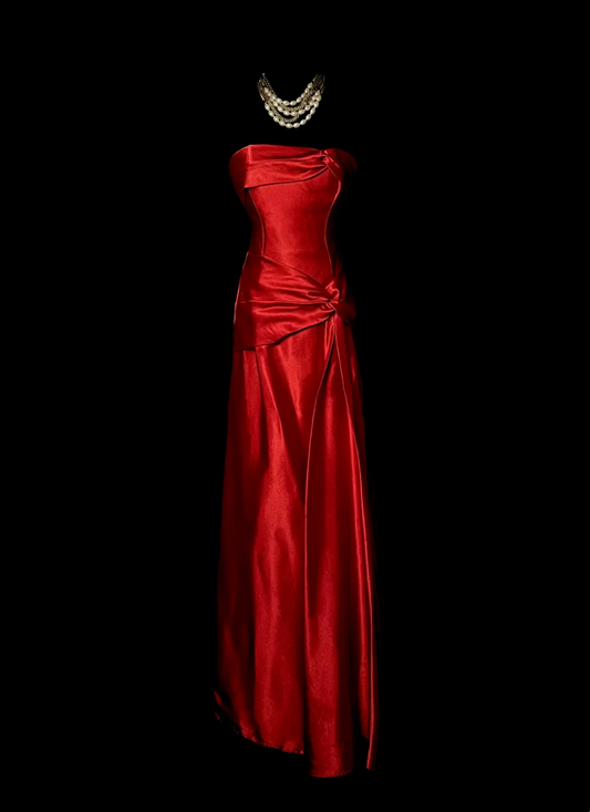 Strapless Red Satin Prom Dress Formal Party Dress Evening Dress  P63