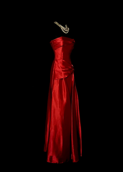 Strapless Red Satin Prom Dress Formal Party Dress Evening Dress  P63