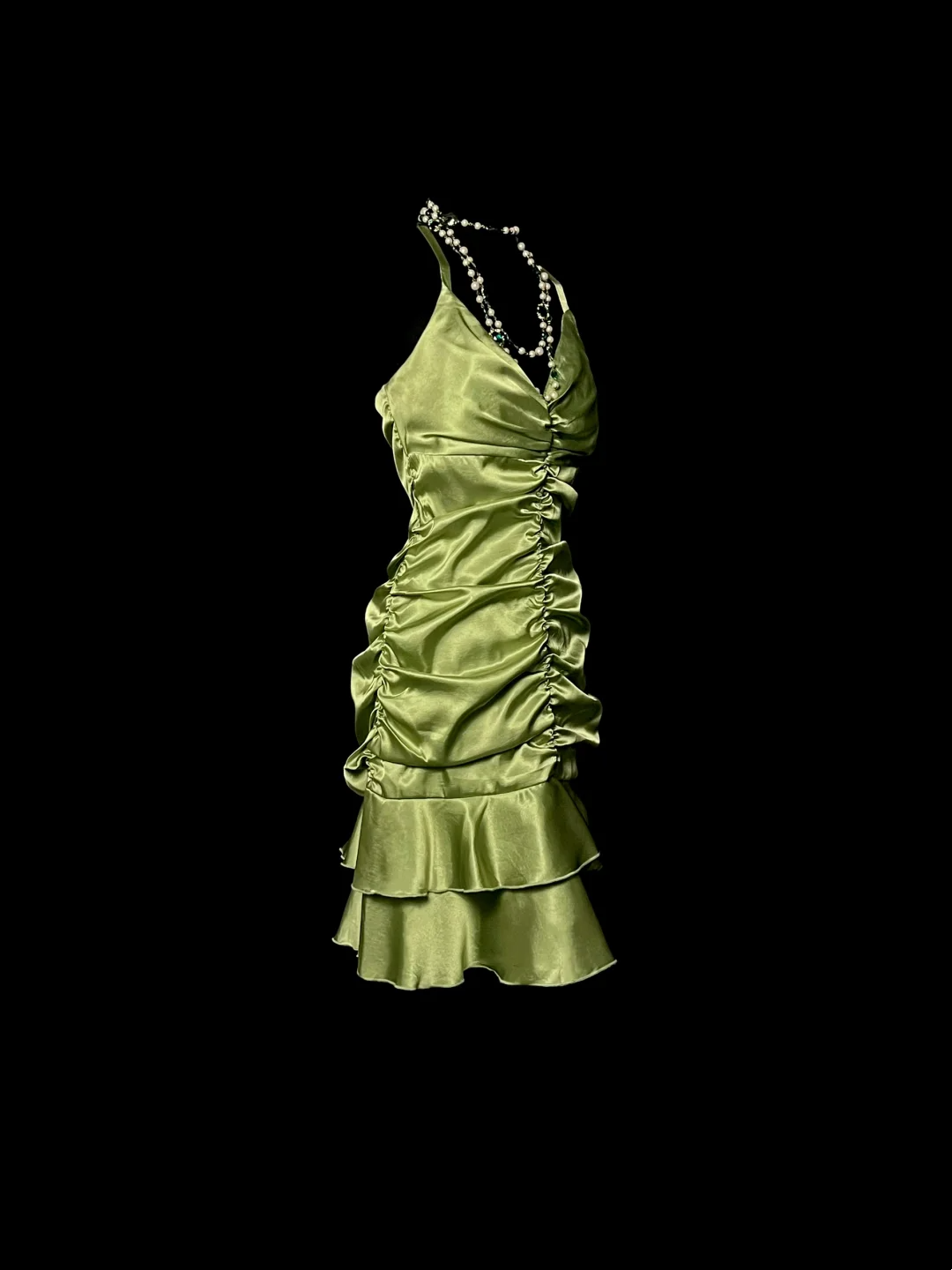 V Neck Geen Satin Short Dress Ruffle Party Dress  P67