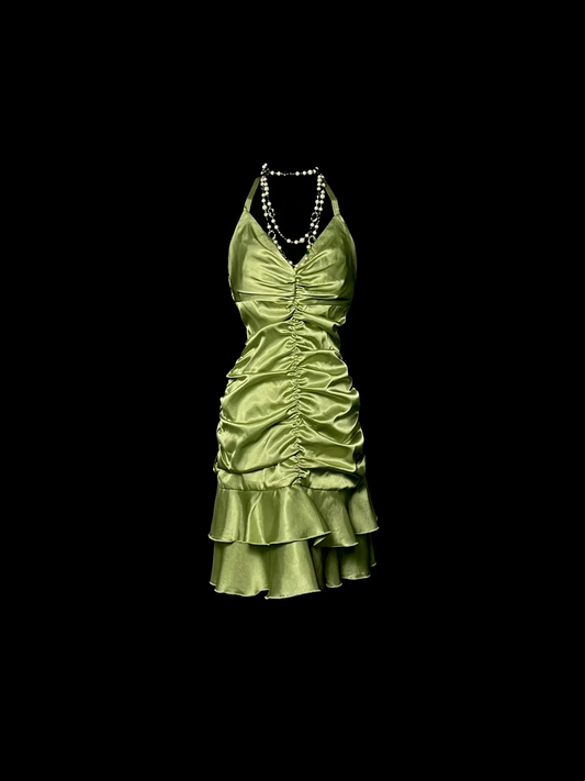 V Neck Geen Satin Short Dress Ruffle Party Dress  P67