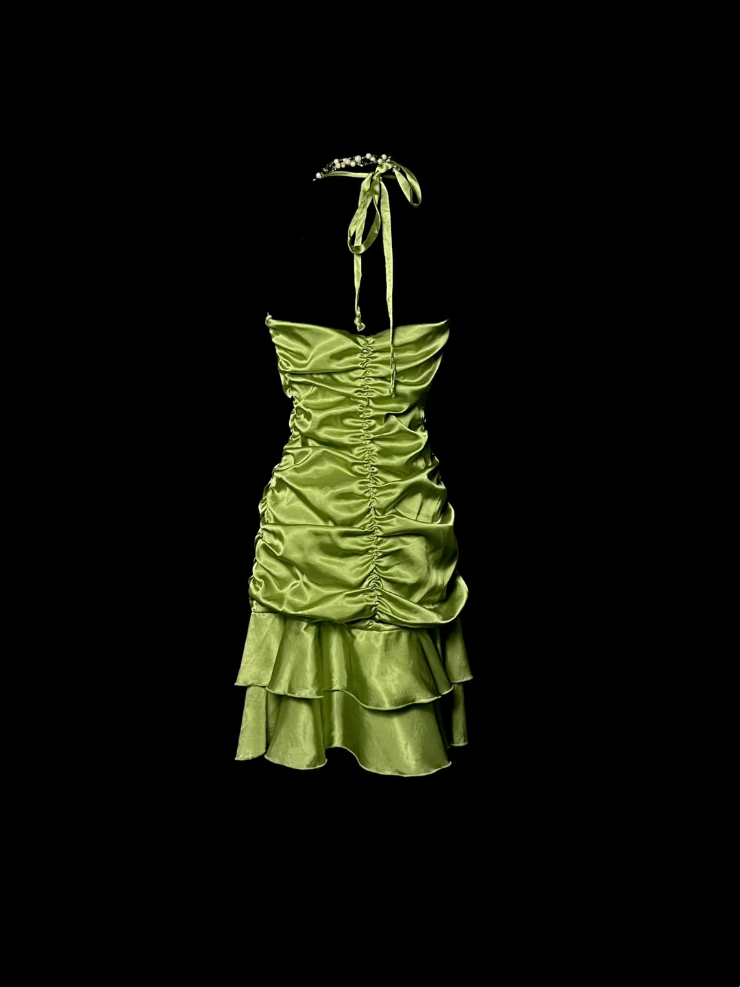 V Neck Geen Satin Short Dress Ruffle Party Dress  P67