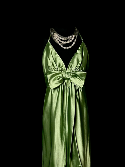 Halter Green Satin Prom Dress Backless Formal Party Dress  P69