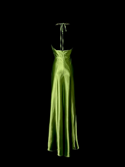 Halter Green Satin Prom Dress Backless Formal Party Dress  P69