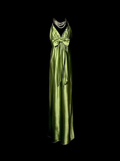 Halter Green Satin Prom Dress Backless Formal Party Dress  P69