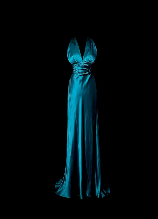 V Neck Blue Sheath Satin Prom Dress Formal Evening Party Dress  P70