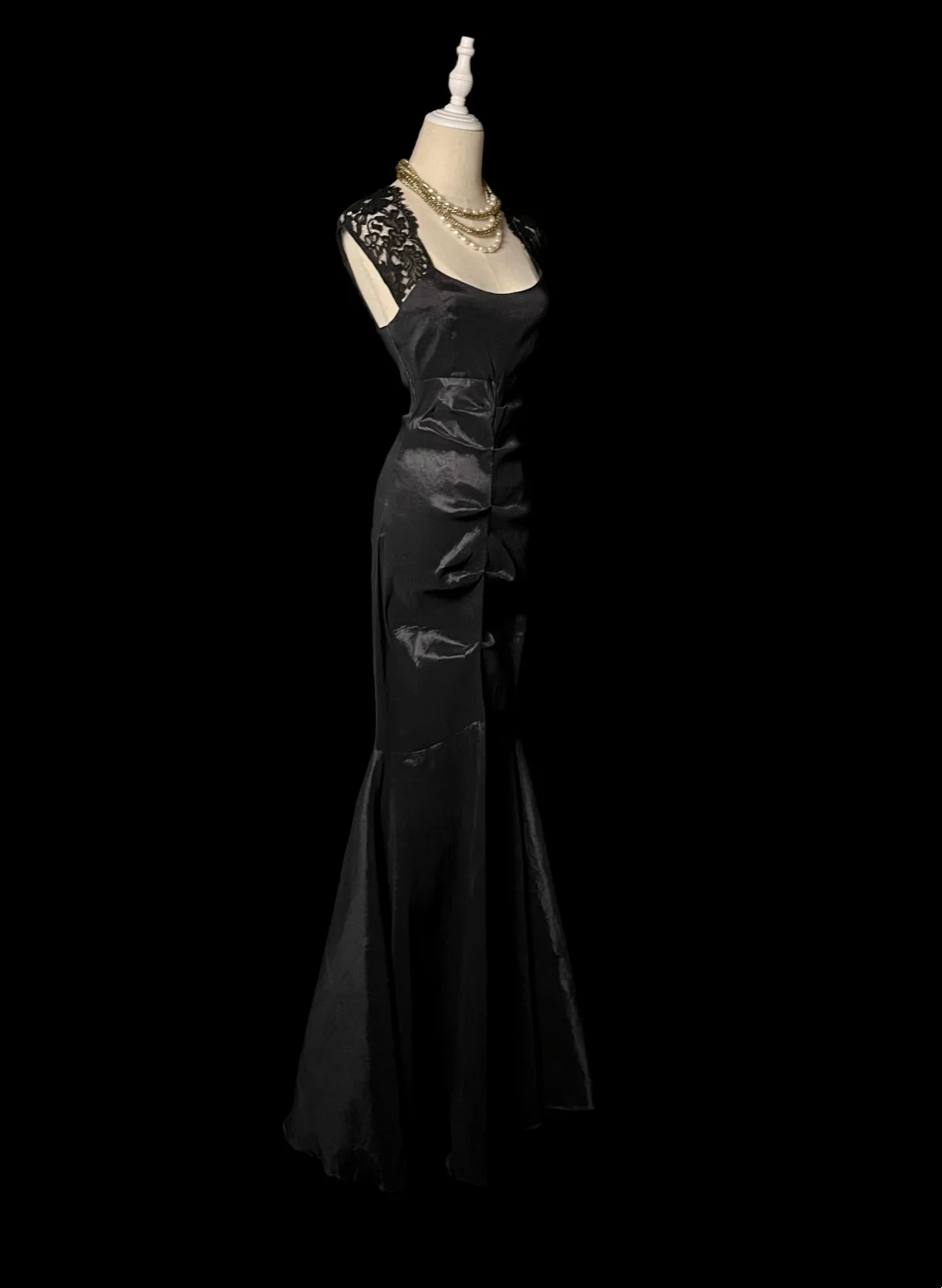 Mermaid Black Satin Prom Dress With Lace Straps Formal Evening Dress  P71