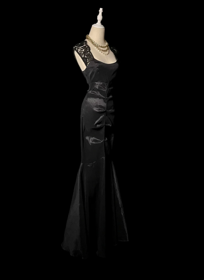 Mermaid Black Satin Prom Dress With Lace Straps Formal Evening Dress  P71