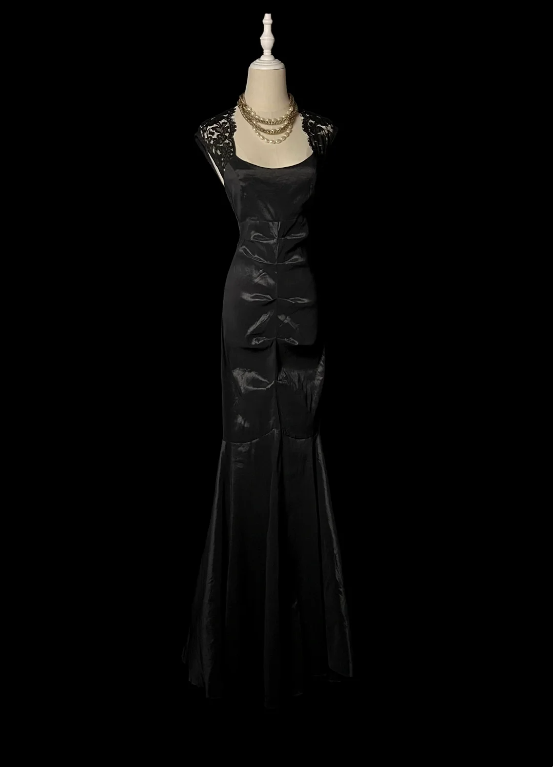 Mermaid Black Satin Prom Dress With Lace Straps Formal Evening Dress  P71