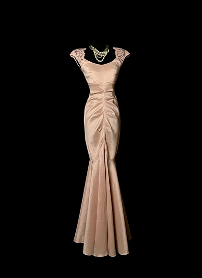 Champagne Mermaid Satin Prom Dress With Lace Straps Formal Evening Dress  P74