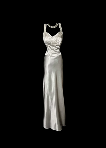 V Neck White Satin Prom Dress Sheath Formal Evening Dress  P77