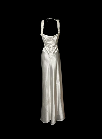 V Neck White Satin Prom Dress Sheath Formal Evening Dress  P77
