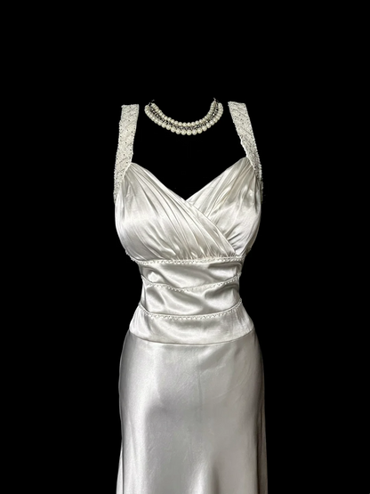 V Neck White Satin Prom Dress Sheath Formal Evening Dress  P77