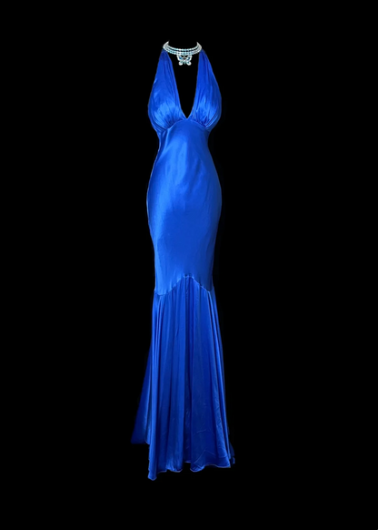 V Neck Royal Blue Satin Prom Dress Formal Evening Dress  P78